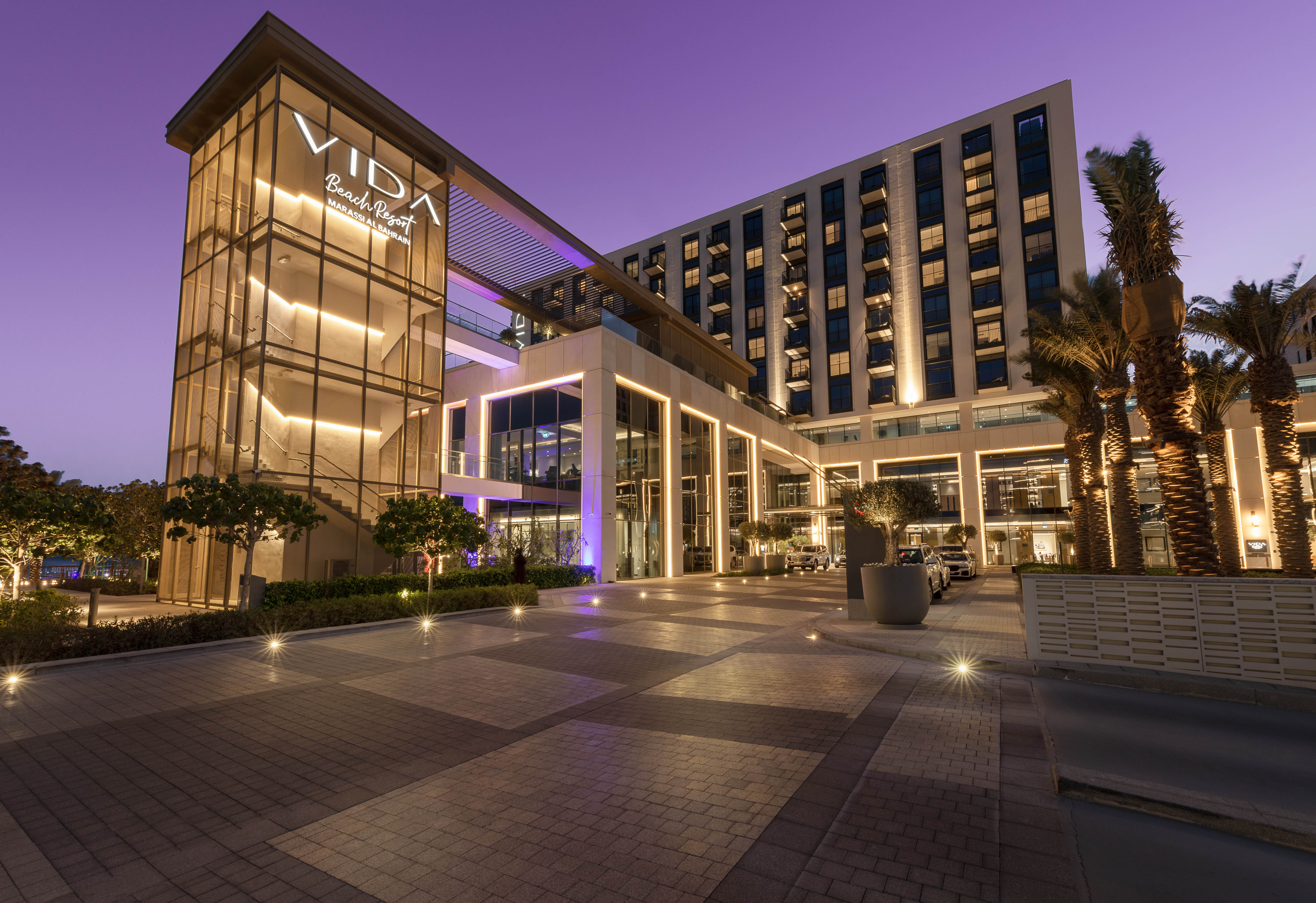 Vida Beach Resort Bahrain exterior featuring bespoke LEDFlex hospitality lighting design